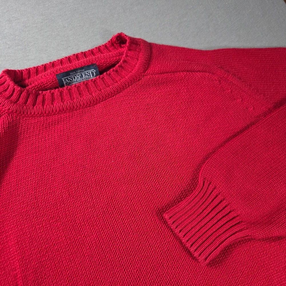 Vintage Lands End Mens Red Cotton Shaker Knit Crewneck Sweater Made in USA Large